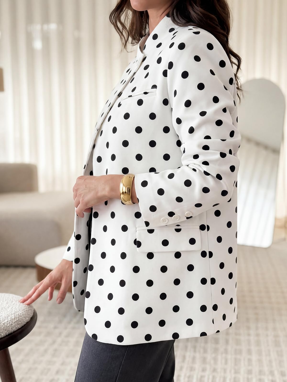 Cicy Bell Women Polka Dot Blazer Business Stand Collar Open Front Jacket