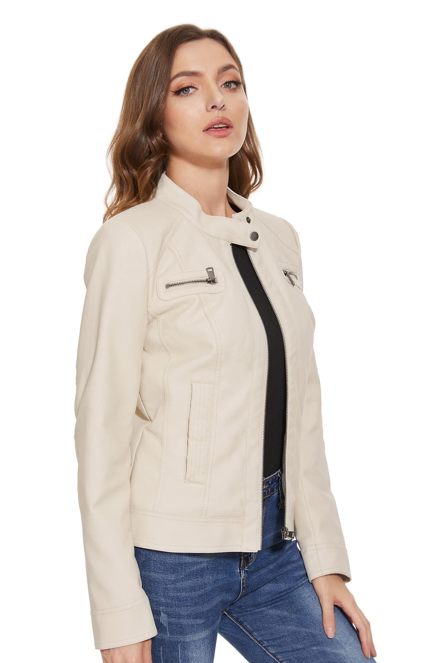 Fahsyee Women's Faux Leather Jackets, Zip Up Motorcycle Short PU Moto Biker Outwear Fitted Slim Coat Size S White