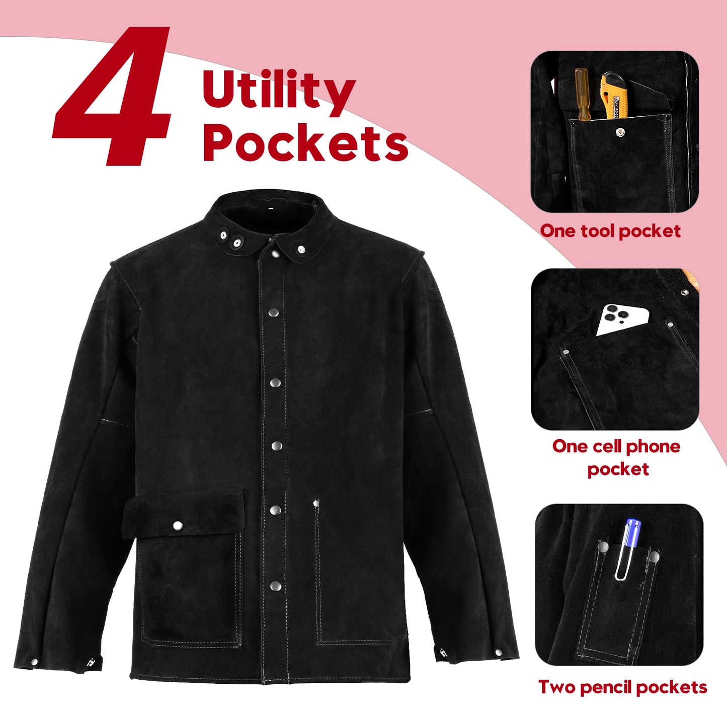 QeeLink Leather Welding Jacket - Heat & Flame-Resistant Heavy Duty Split Cowhide Leather FR Work Safety Jacket, Large, Black