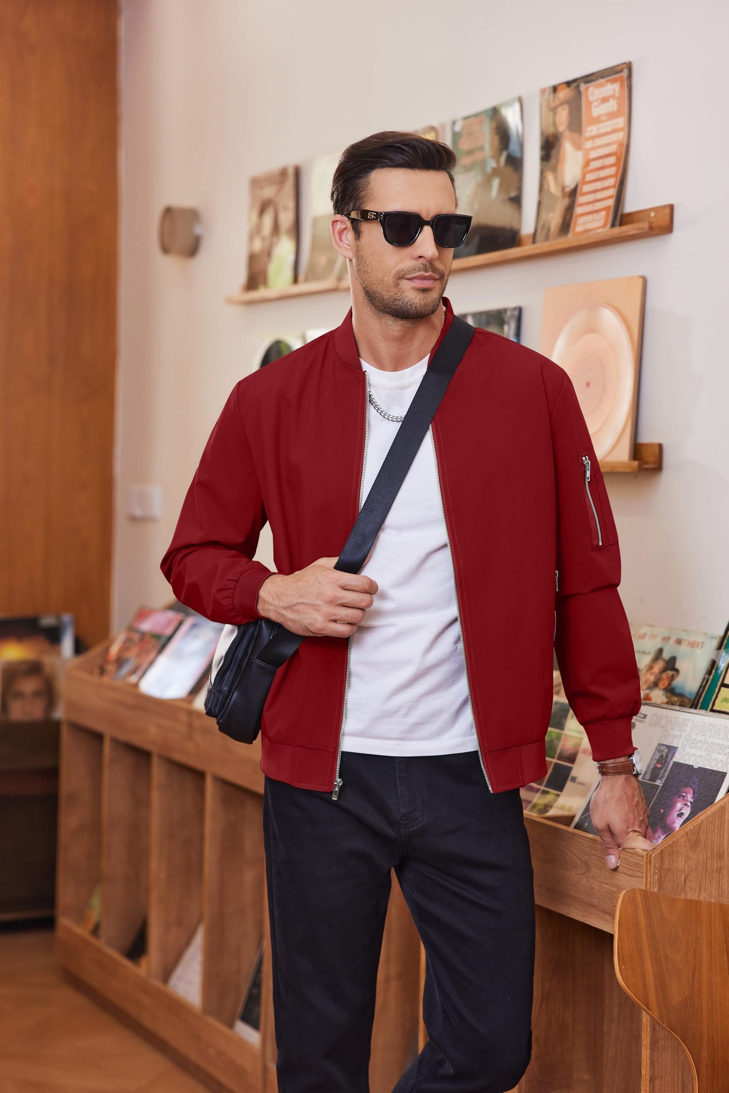 COOFANDY Bomber Jacket Lightweight Casual Windbreaker Red Spring Fall Zip Up Jackets Polyester Coat With Pocket L