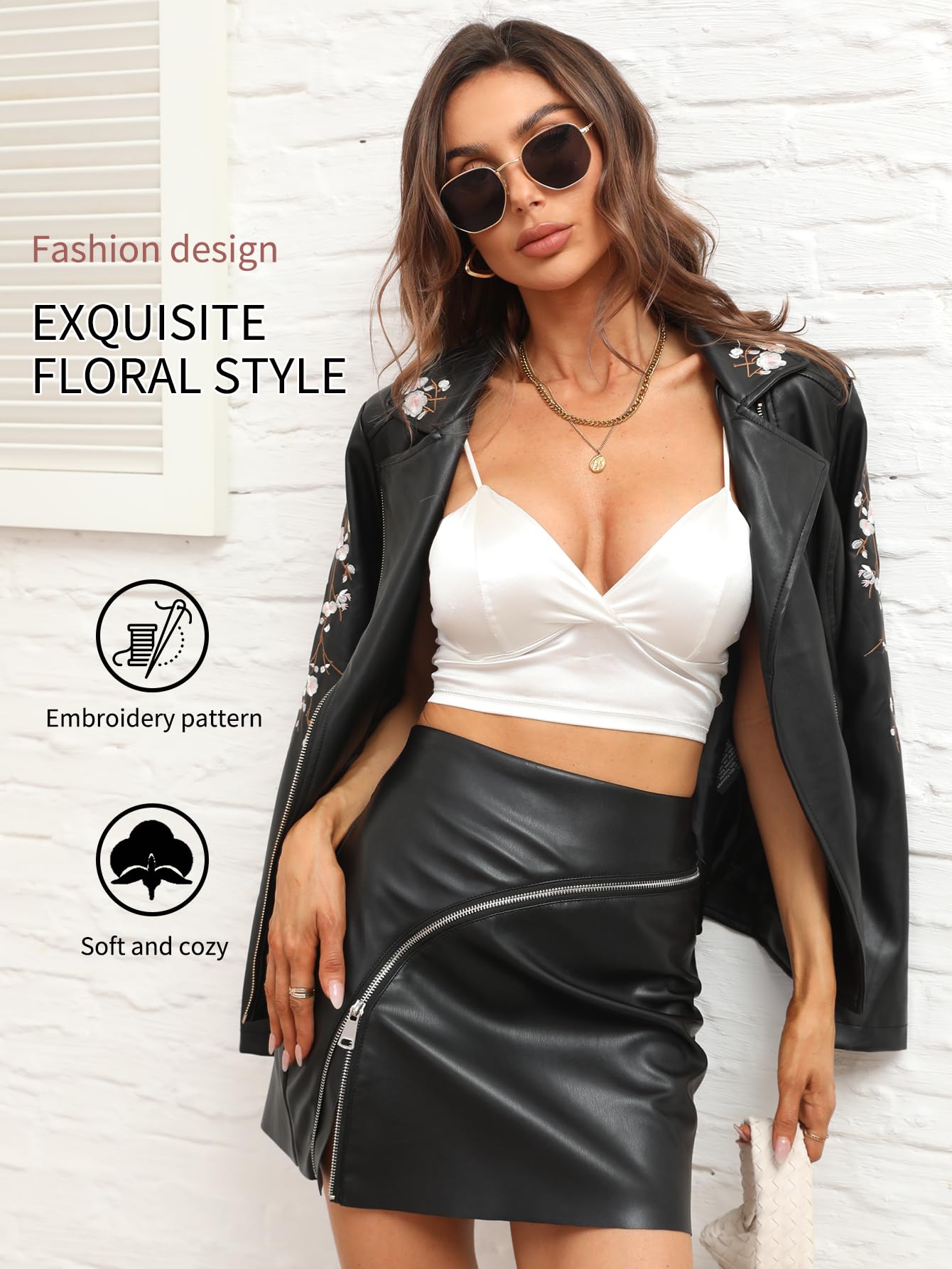 Bellivera Women's Faux Leather Embroidered Casual Lapel Jacket Floral Lightweight Moto Biker Coat for Spring Fall 1702021 Black XXL