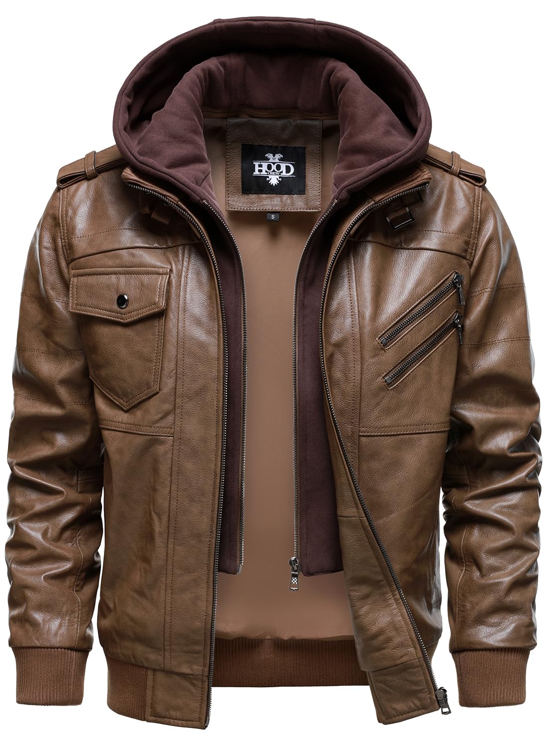 HOOD CREW Men’s Genuine Cowhide Leather Jacket Black Hooded Motorcycle Biker Jacket for Men