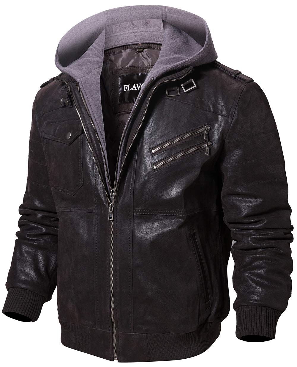 FLAVOR Men Brown Leather Motorcycle Jacket with Removable Hood (Large (US standard), Dark Brown+Gray)