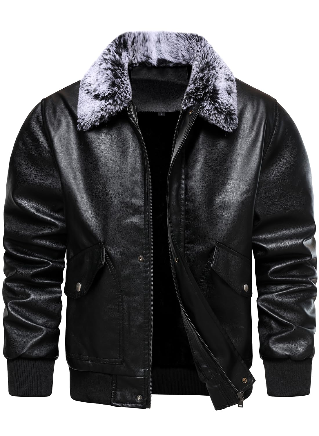HOOD CREW Mens Faux Leather Flight Bomber Jacket with Fur Collar Winter Warm Fleece Lined Jackets Black L