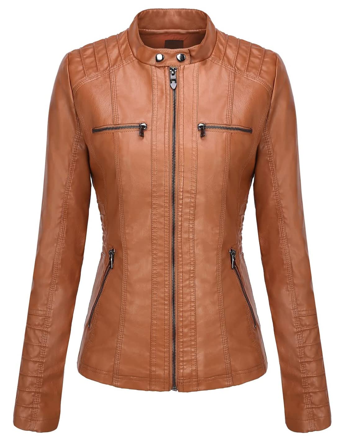 Springrain Women's Faux Leather Jacket Moto Biker Coat with Detachable Hood Motorcycle Jacket (Large, Brown)