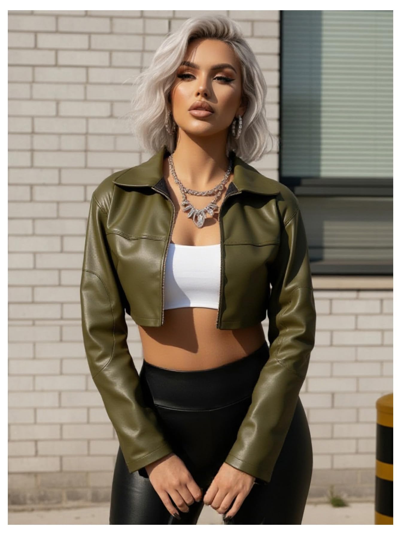 winkbay Women's Pu Leather Cropped Motorcycle Jacket Y2k Zip Up Collared Jackets Streetwear Army Green X-Small