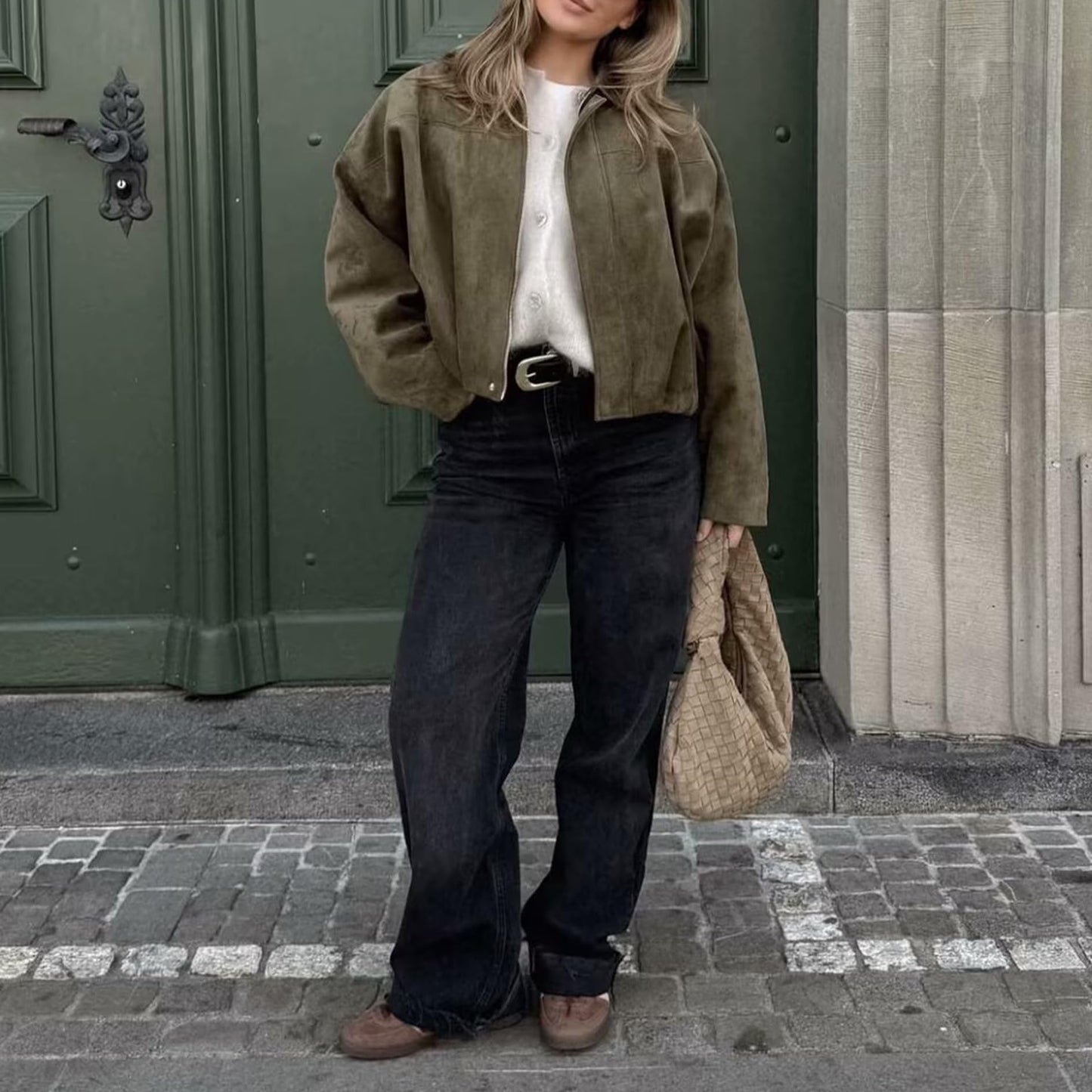 JoinQueen Faux Suede Jacket Women Oversized Long Sleeve Zip Up Epaulet Bomber Leather Jackets Oversized Casual Coat(Army-Green,M)