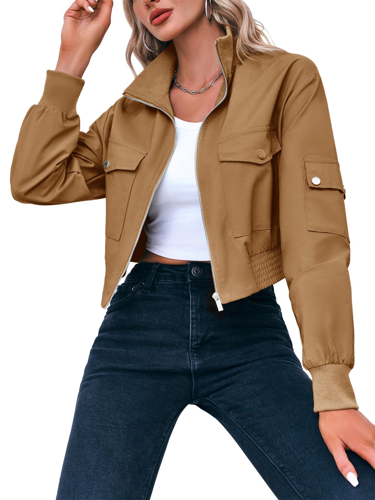 Fisoew Women's Fashion Cropped Bomber Jacket Long Sleeve Zip Up Stand Collar Jacket Coat with Pocket