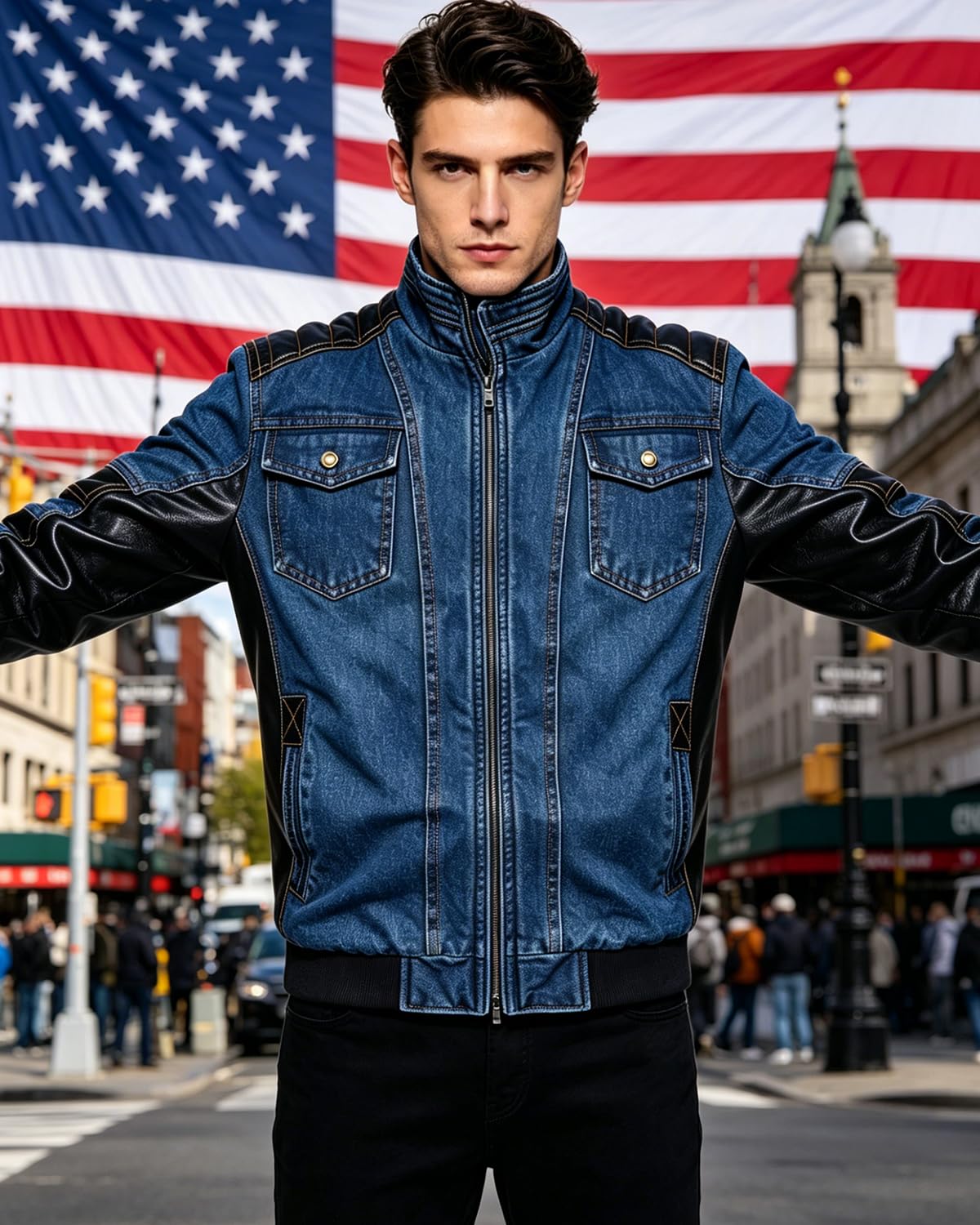 FTIMILD Men's Vintage Denim Jacket Casual Windproof Biker Jacket Jean Jacket with Faux Leather Patchwork