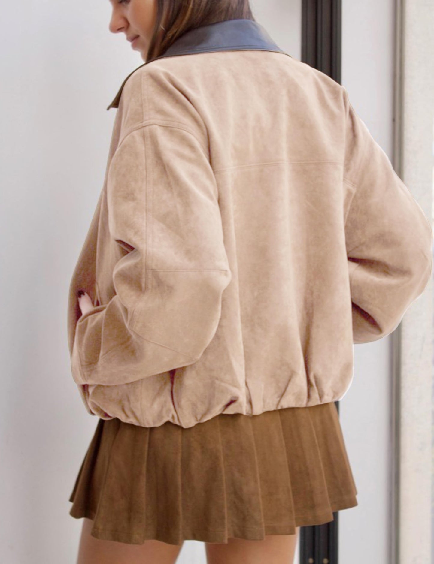 Yegthou Womens Faux Suede Bomber Jacket Casual Lapel Pilot Cropped Jackets Oversized Motorcycle Zip Up Outerwear Coats(Khaki-S)