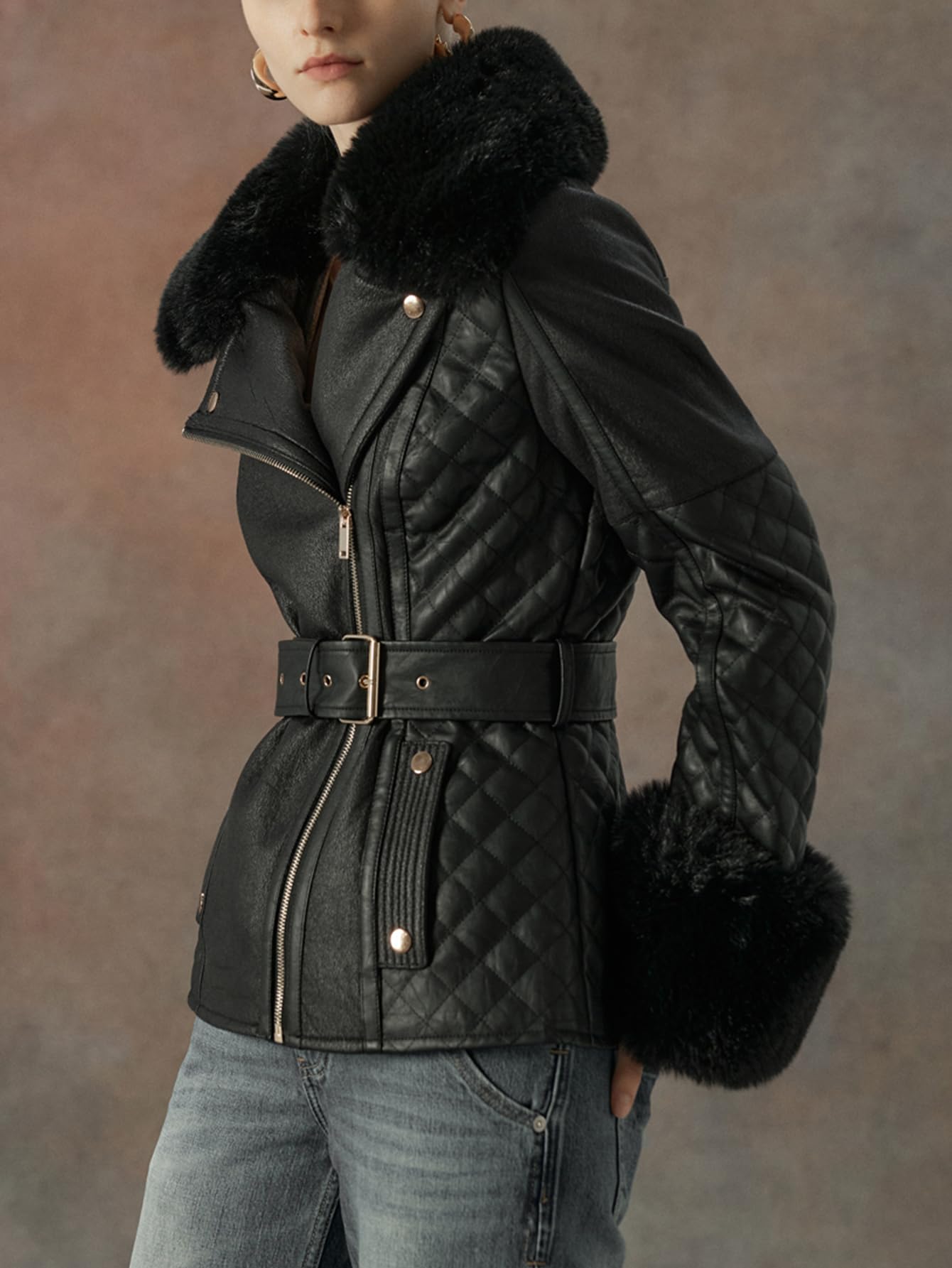 Xukiki Women's Faux Leather Jacket Moto Sherpa Lined Lapel Fall Coat Thick Parka Winter Overcoat with Belt PS-033 Black S