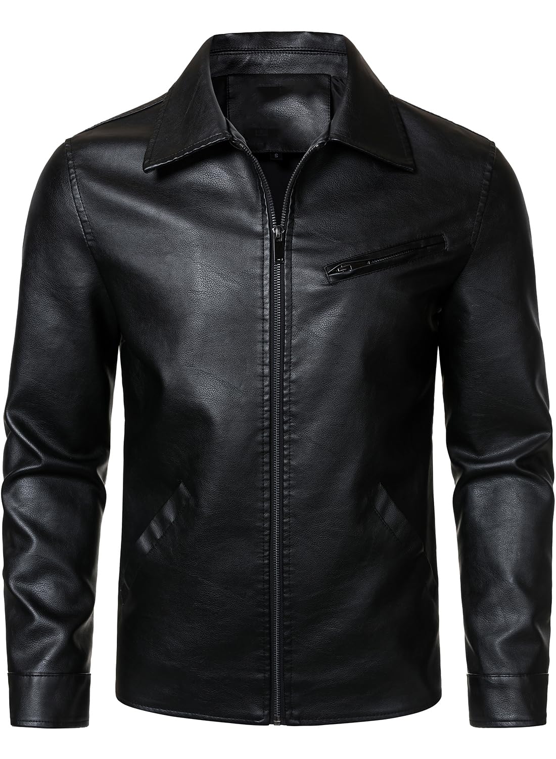 HOOD CREW Men’s Classic Faux Leather Jackets Turn Down Collar Leather Coat Lightweight Outerwear Biker Jacket Black L