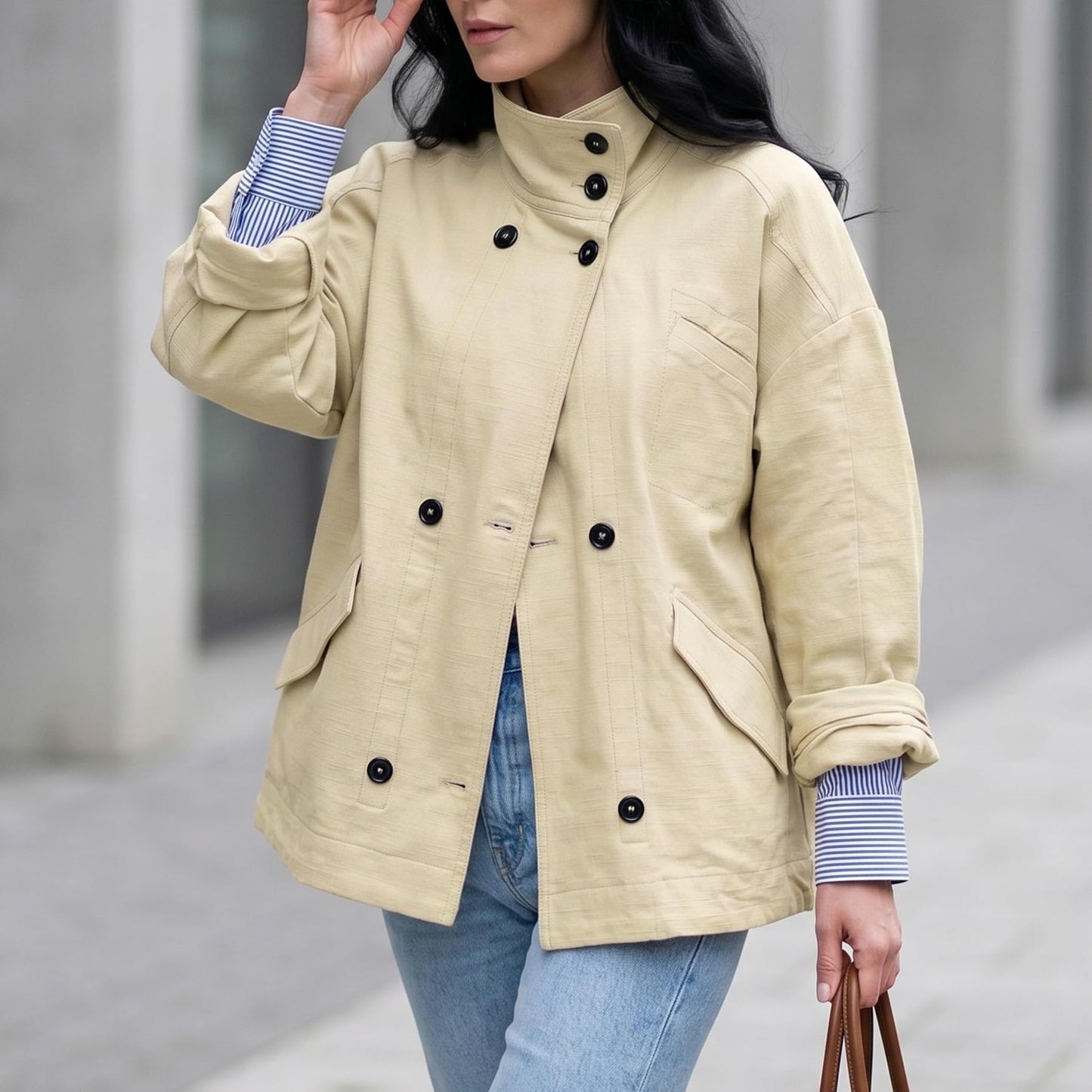 Ainangua Washed Canvas Bomber Jacket Women Oversized Funnel Neck Button Down Jackets Spring Stretch Casual Coat Outdoor(Apricot,S)