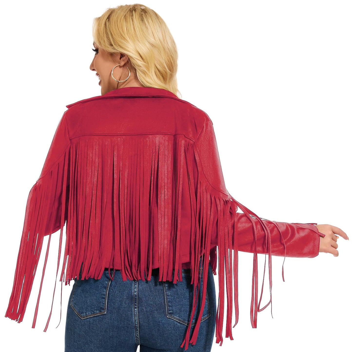 ATAMET 70s Women's Fringe Jackets Faux Suede Leather 60s Party Clothes, Halloween 2025 Fashion Tassel Motorcycle Coats (US, Alpha, 3X-Large, Regular, Regular, Cowgirl Red)