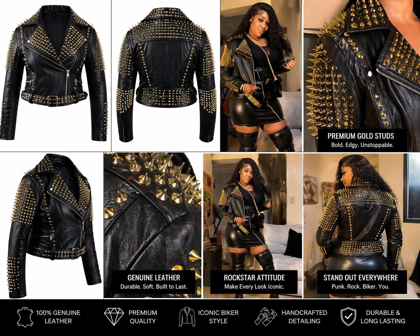 SpazeUp Women’s Black Studded Leather Jacket Gold Spike Punk Biker Jacket