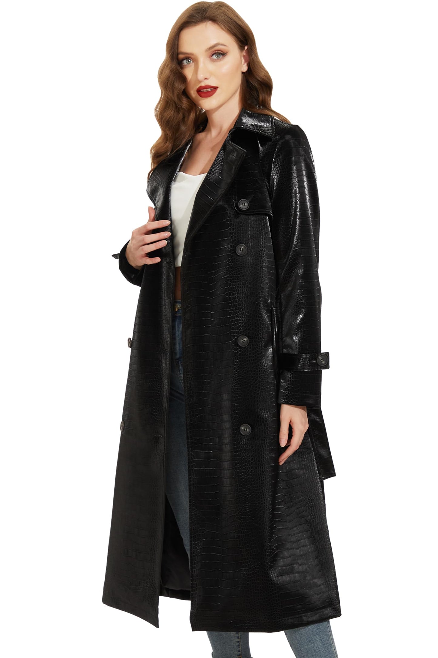 Fahsyee Women's Faux Leather Trench Coat, Zip Up Motorcycle Jackets Short PU Moto Biker Outwear Fitted Slim Jacket Black Size XL