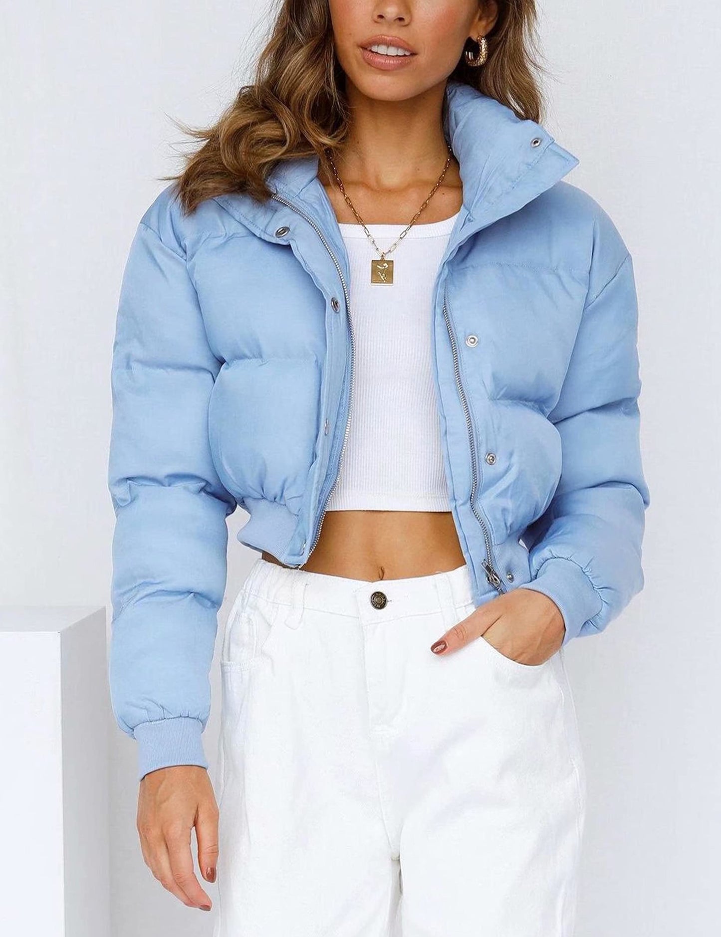 UANEO Womens Cropped Puffer Jacket Stand Collar Zip Up Winter Padded Down Coats (Blue, Medium)