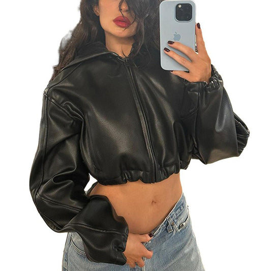 Mandonce Leather Jacket Women Zip up Hoodies Motorcycle Bomber Jacket Streetwear Cropped Trench Coat for Women