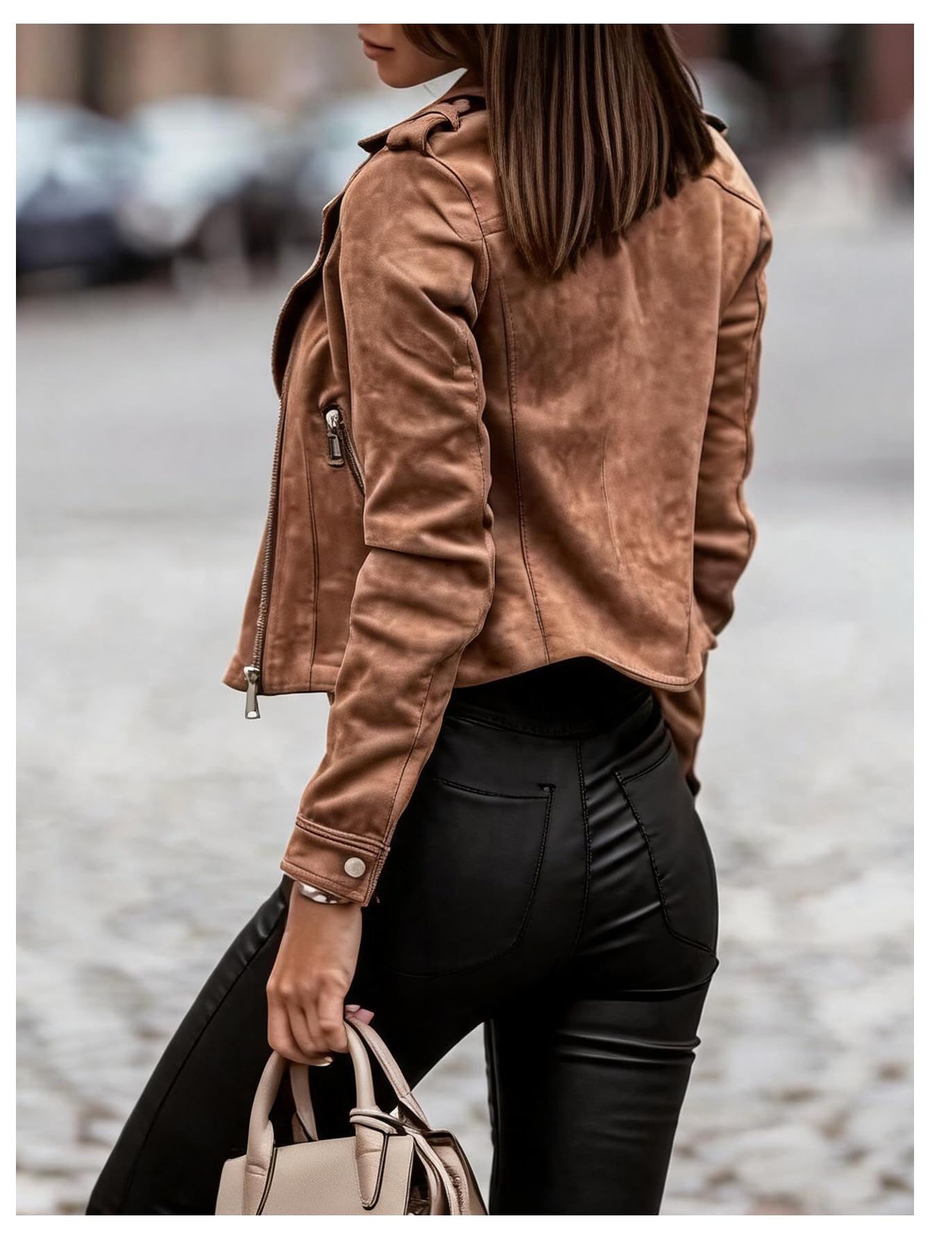 winkbay Women's Faux Suede Motorcycle Jacket Vintage Zip Up Lapel Collar Casual Biker Bomber Jackets Outerwear Brown Medium