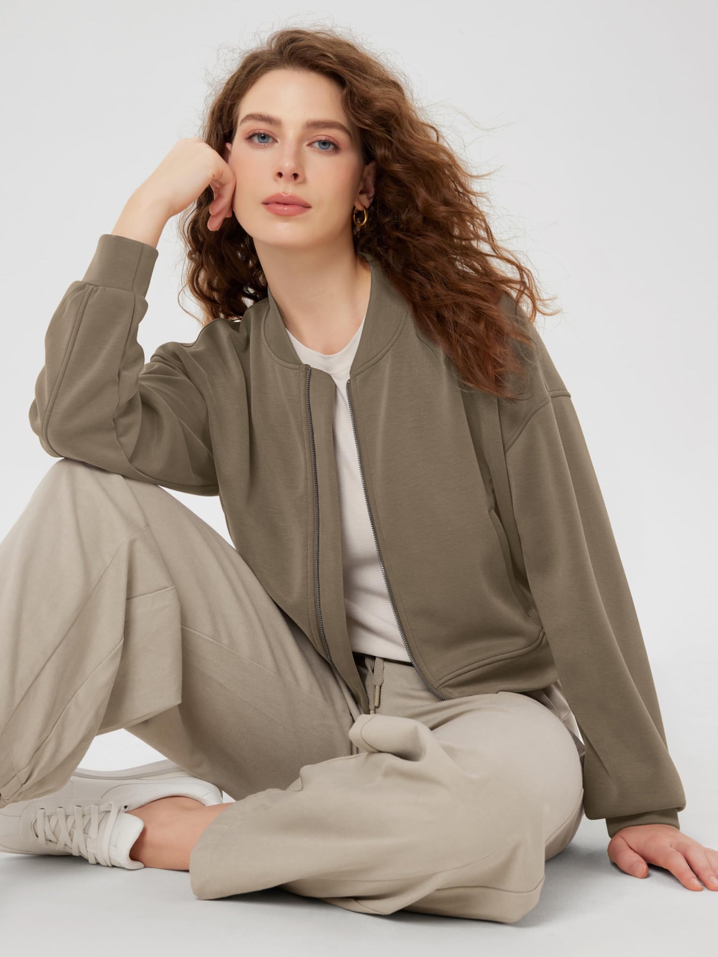 ODODOS Modal Soft Full-Zip Bomber Jacket for Women Long Sleeve Casual Fall Outfit Crop Top with Pockets, Espresso, X-Small