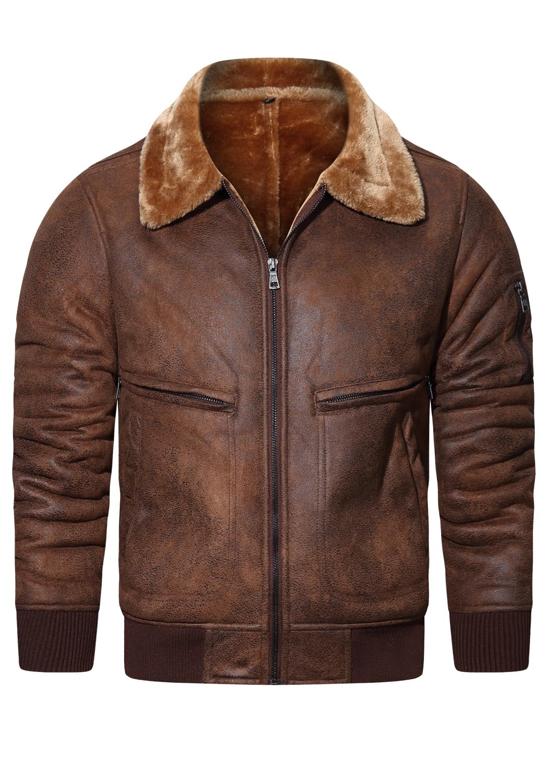HOOD CREW Men’s Faux Fur Leather Jacket Autumn Winter Fleece Lined Coat Vintage Bomber Jacket Brown 2XL