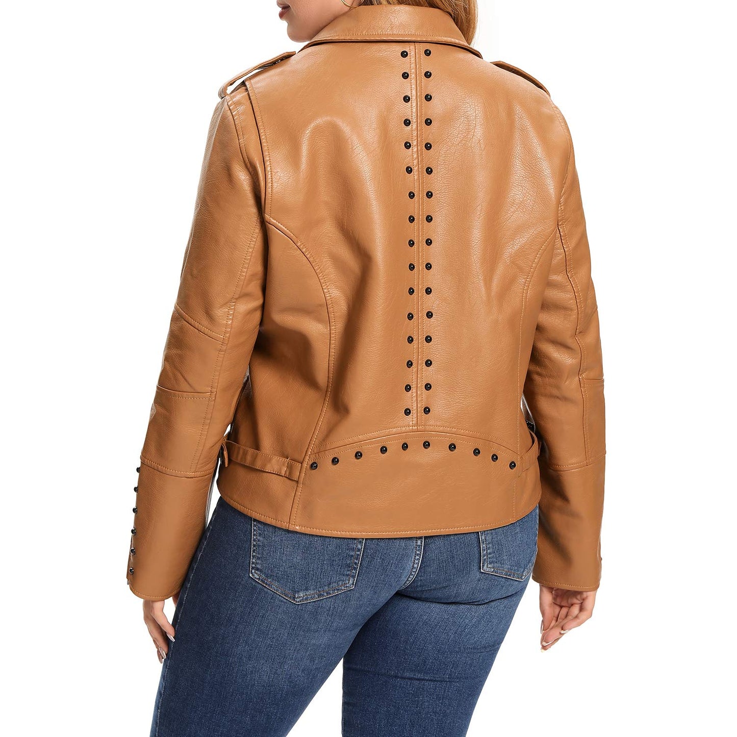S P Y M Womens Faux Leather Jacket, Double Zip Up Coat, Moto Biker Outwear with Rivets, Regular and Plus Size