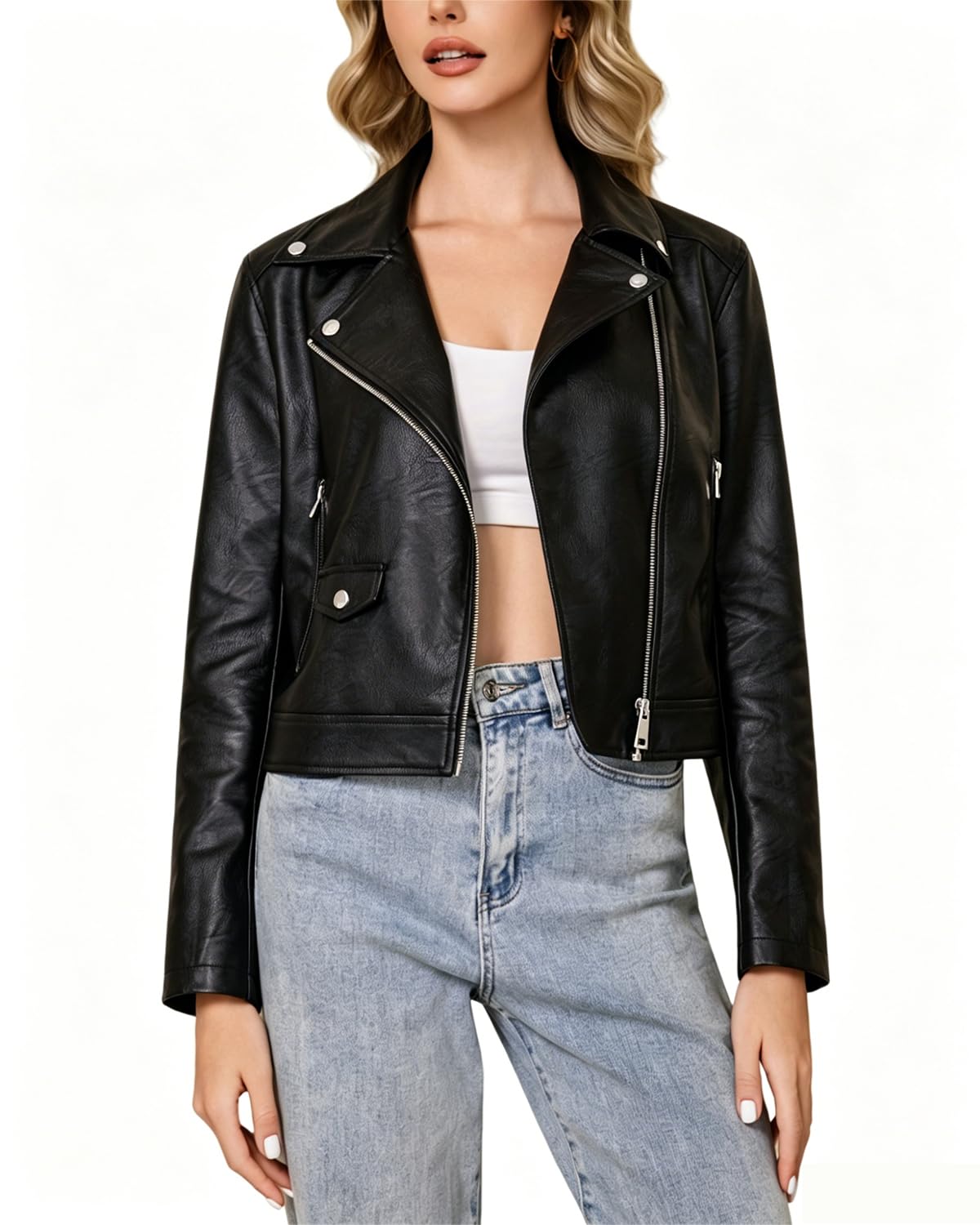 WYOYW Faux Leather Jacket For Women PU Cropped Moto Biker Coat Zip Up Slim Motorcycle Jacket Black S
