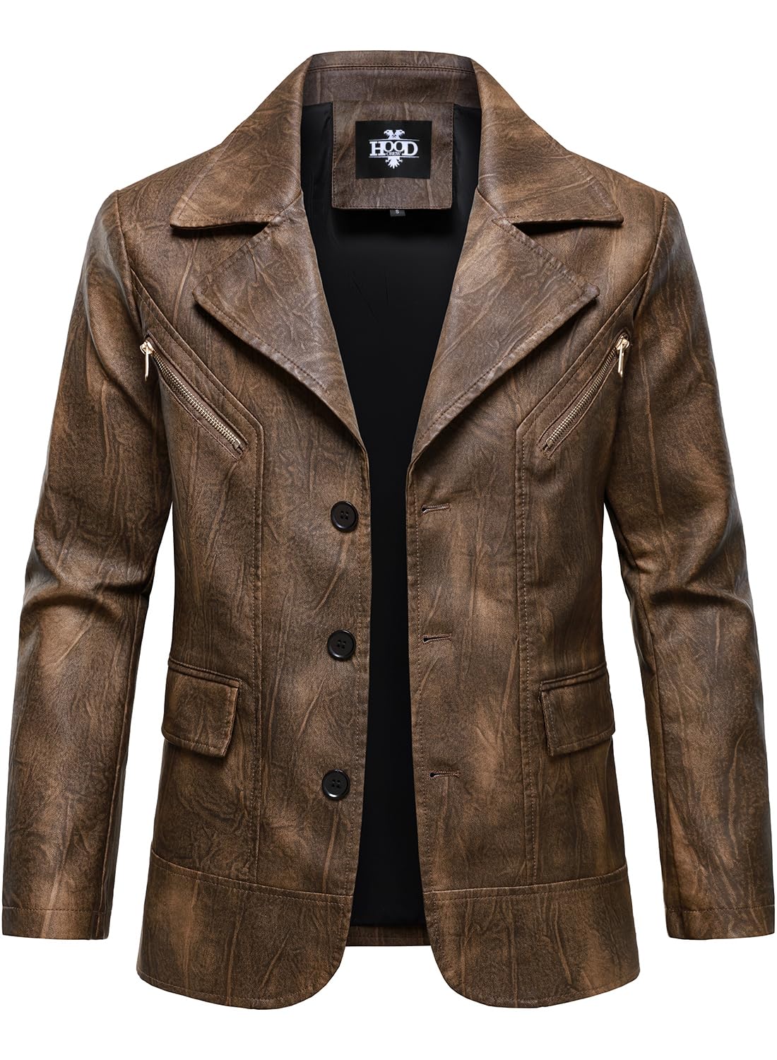 HOOD CREW Mens Casual Leather Blazer Vintage Lightweight Coat Button Closure Style Faux Leather Jackets for Men Brown L
