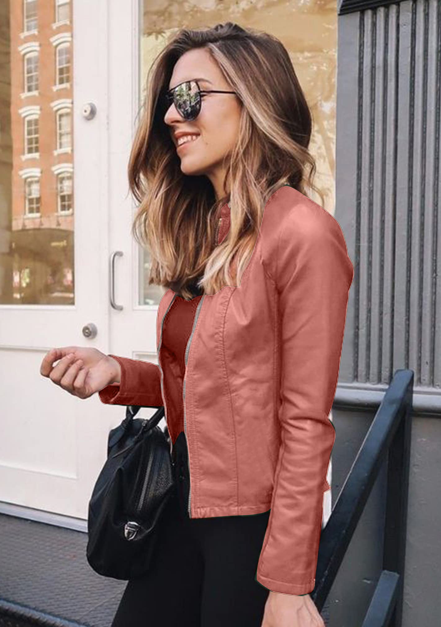 BOFETA Women Zipper Closure Solid Jacket Faux Moto PU Jackets Pk M