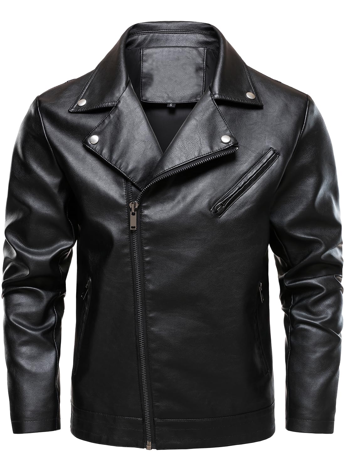 HOOD CREW Men’s Faux Leather Jacket Cool Motorcycle Lapel Biker Jackets Zip Up Riding Coat Black L