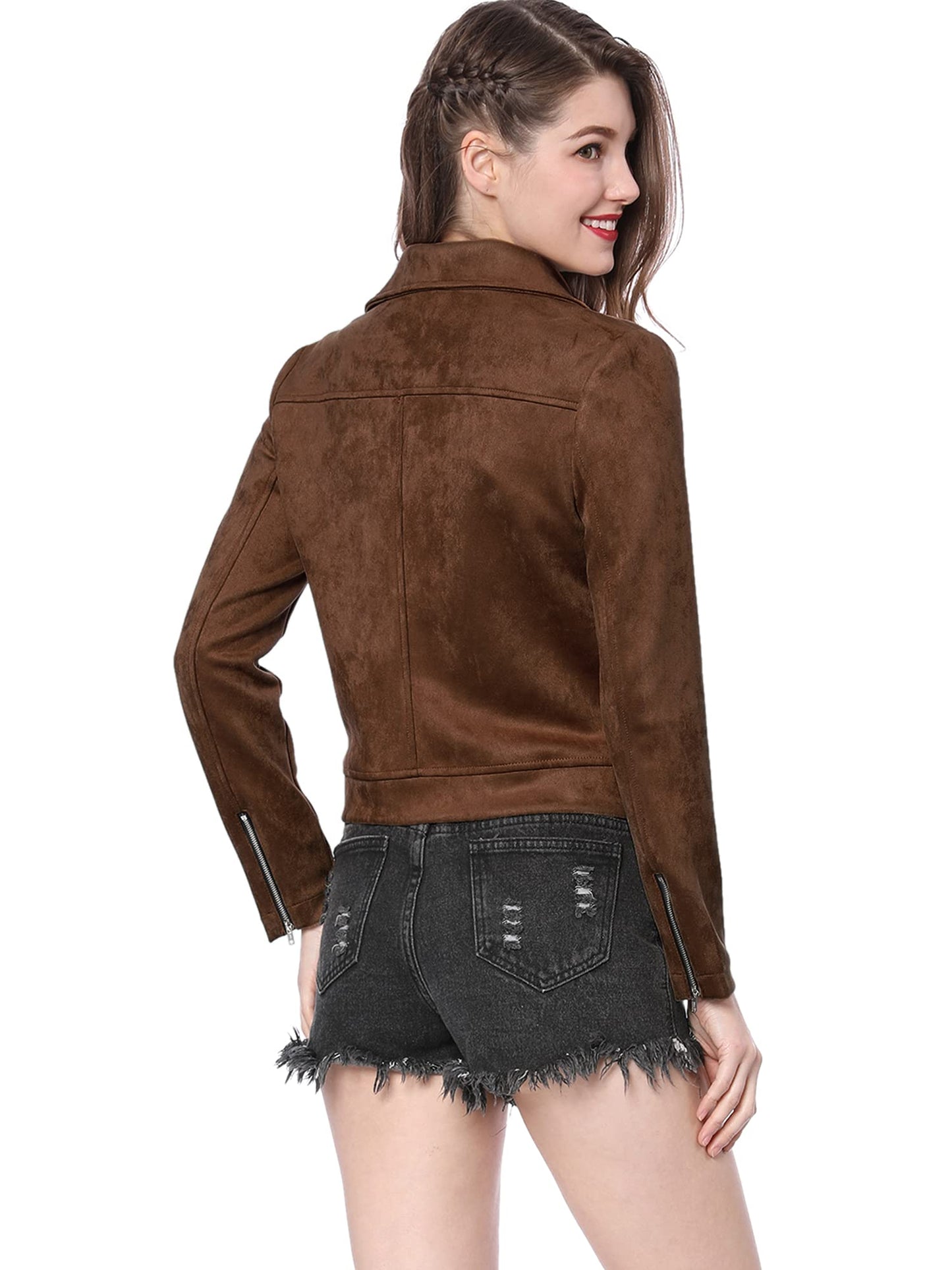 Allegra K Women Short Soft Zip Up Faux Suede Biker Moto Jacket Small Dark Brown