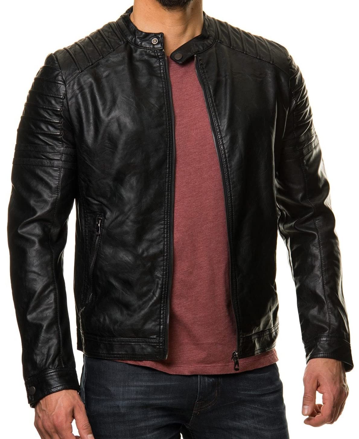 DECIMAL Men's Black REAL Lambskin Leather Biker Jacket VINTAGE GENUINE MOTORCYCLE JACKETS FOR MEN (US, Alpha, Medium, Regular, Regular, BLACK SHOULDER)