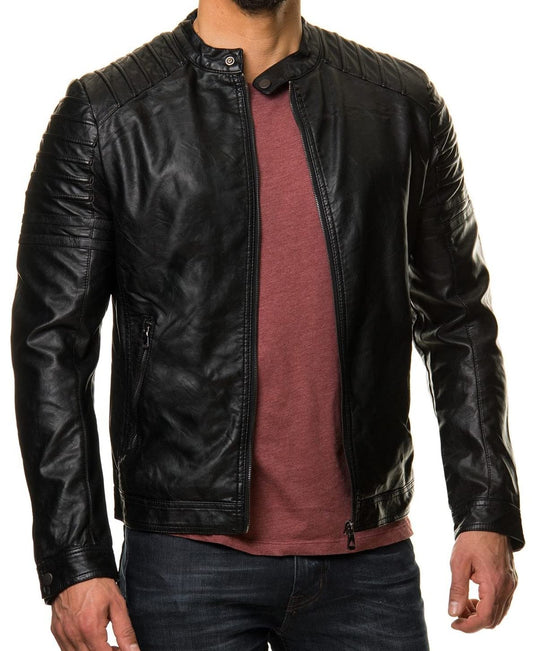 DECIMAL Men's Black REAL Lambskin Leather Biker Jacket VINTAGE GENUINE MOTORCYCLE JACKETS FOR MEN (US, Alpha, Medium, Regular, Regular, BLACK SHOULDER)