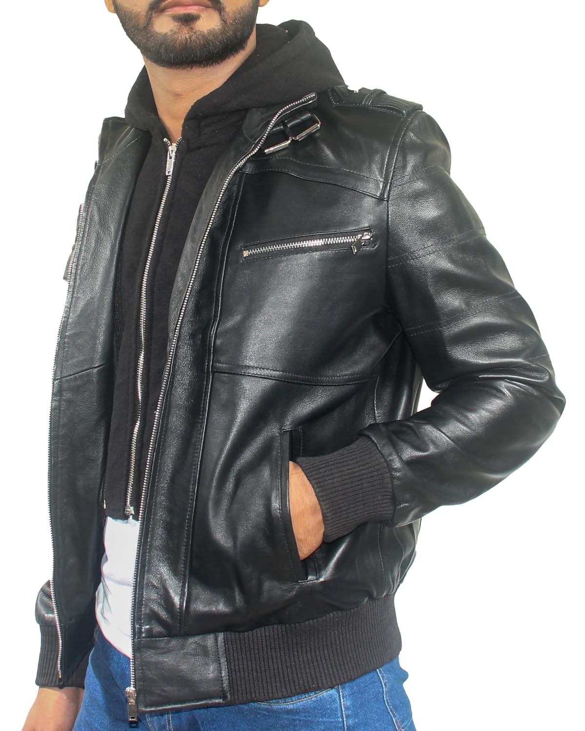 Mens Black Leather Jacket | Real Lambskin Genuine Leather Jacket | Biker Style Motorcycle Jacket for Casual Wear (HOOD-BLACK-2XL)