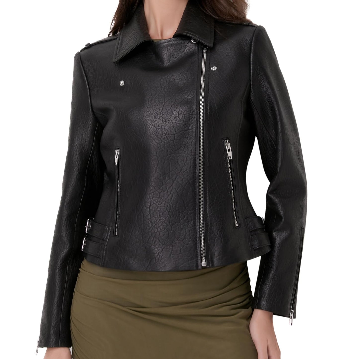 SILVER FASHIONS Lambskin Leather Jacket Women,Motorcycle Jacket,Asymmetrical Zip Style,Buckle Belts,Quilted Details (US, Alpha, X-Large, Regular, Regular, BLACK BUBBLE LAMB)
