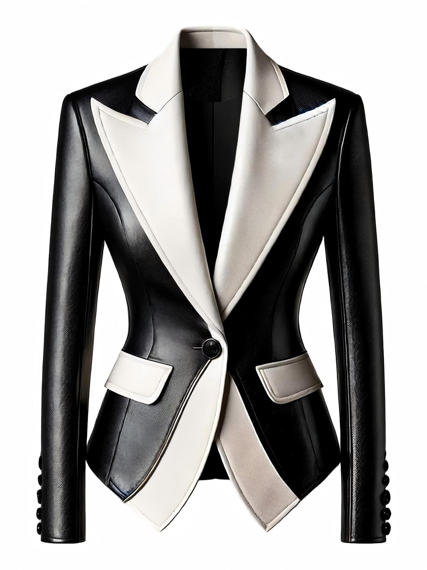 SS-Sunrise Fashion Women's PU Faux Leather Blazer Jacket, Black and White Color Block, Single Button, Notched Lapel, Medium