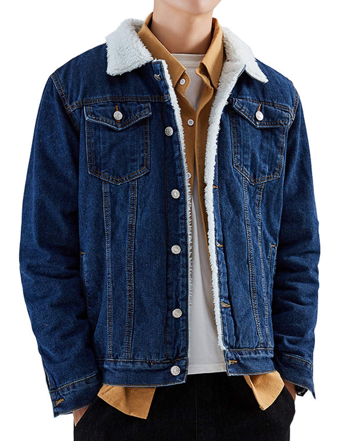 Omoone Men's Lapel Sherpa Fleece Lined Thicken Denim Jean Trucker Jacket Coats (0176-Dark Blue-L)