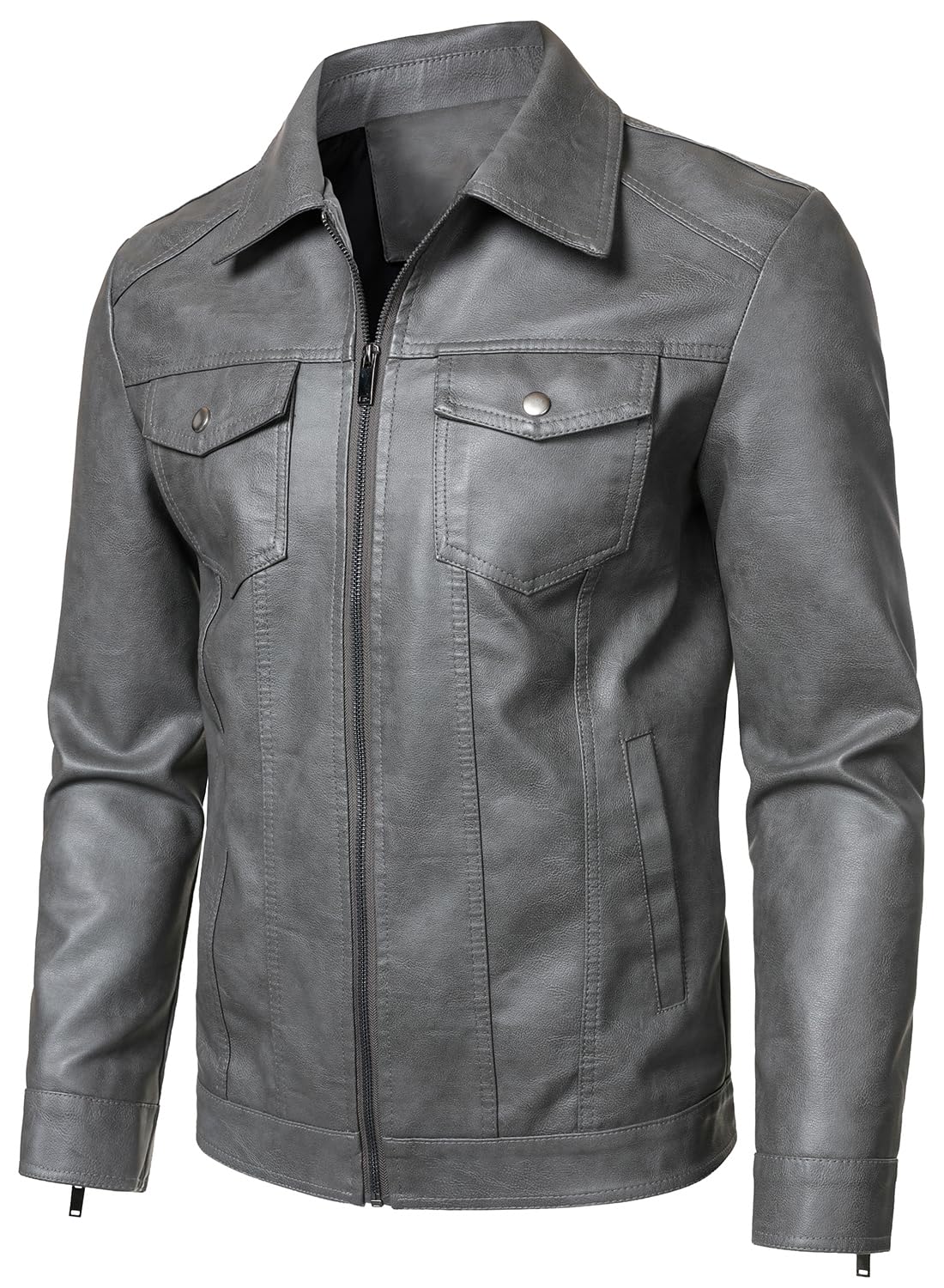 HOOD CREW Mens Leather Jacket Motorcycle Biker Jackets Casual Lightweight Faux Leather Outwear Grey L
