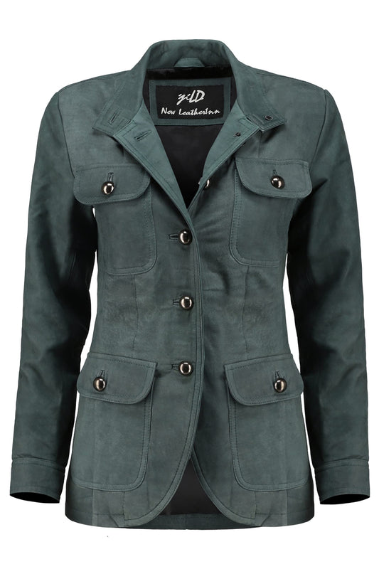 Jild Fancy 5-Button Four Pocket Double Back Slit Leather Blazer Women - Vintage Suede Look Cuff Sleeves Leather Jacket Women (ZC-Blue-3XL)