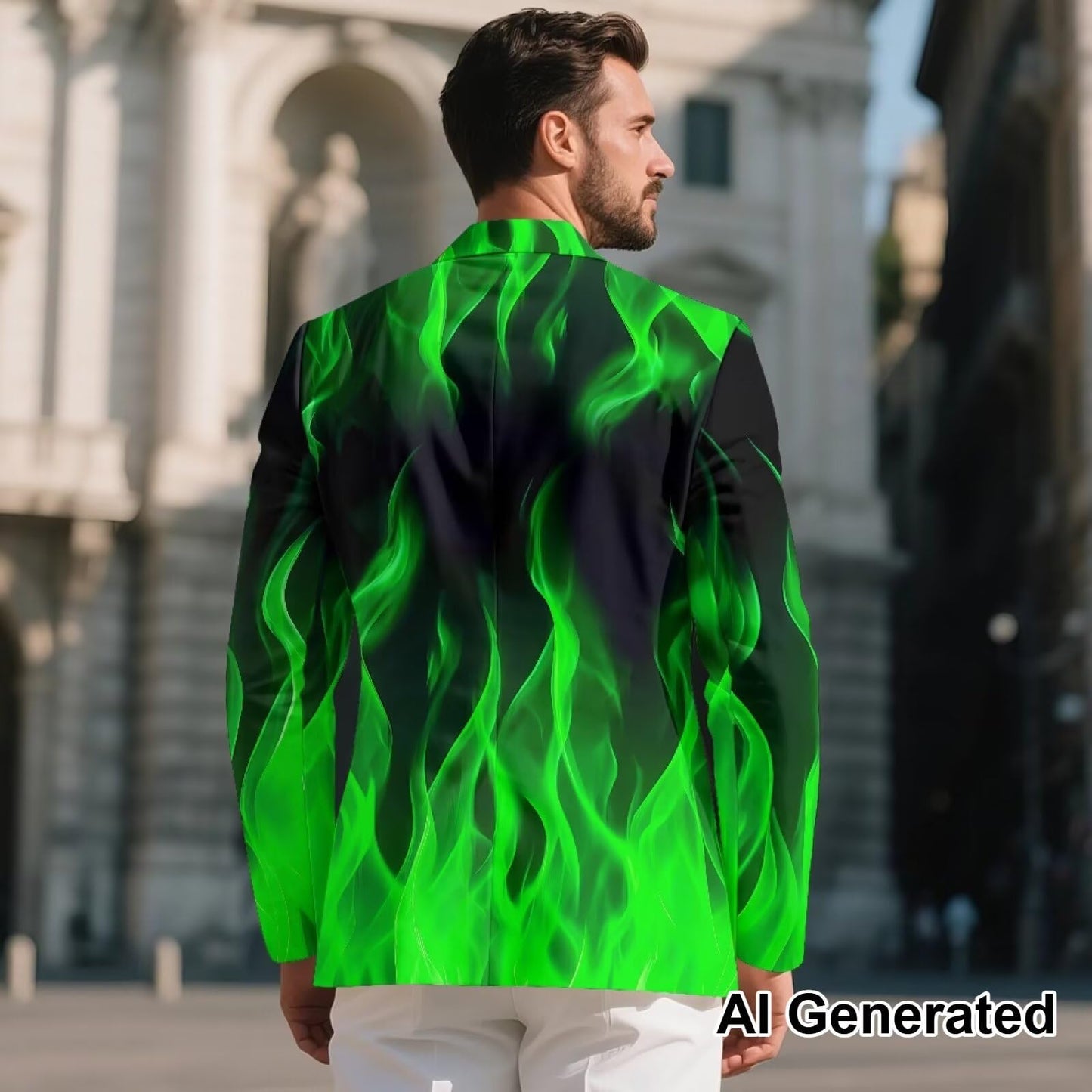Zarisguat Green Fire Flame Men's Dress Party Suit Jacket Notched Lapel Slim Fit One Button Blazer Sport Coats Size M