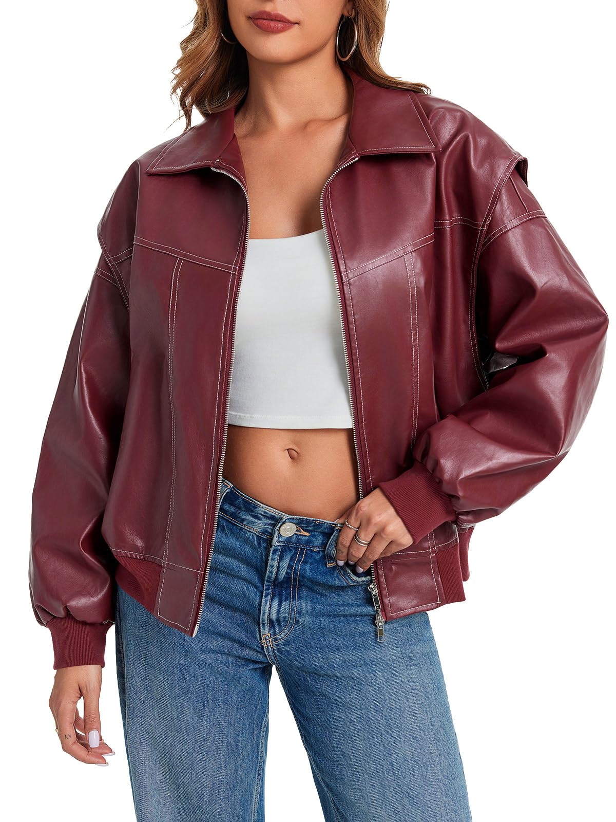 Tankaneo Womens Leather Jacket Faux Oversized Motorcycle Bomber Coats Jackets Fashion Outfits Clothes