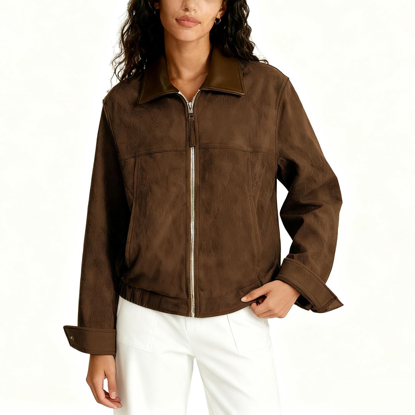 Zoziiee Women's Faux Suede Cropped Jacket Contrast Collar Zip Up Utility Barn Coat Trendy Fall Outwear(Coffee,M)