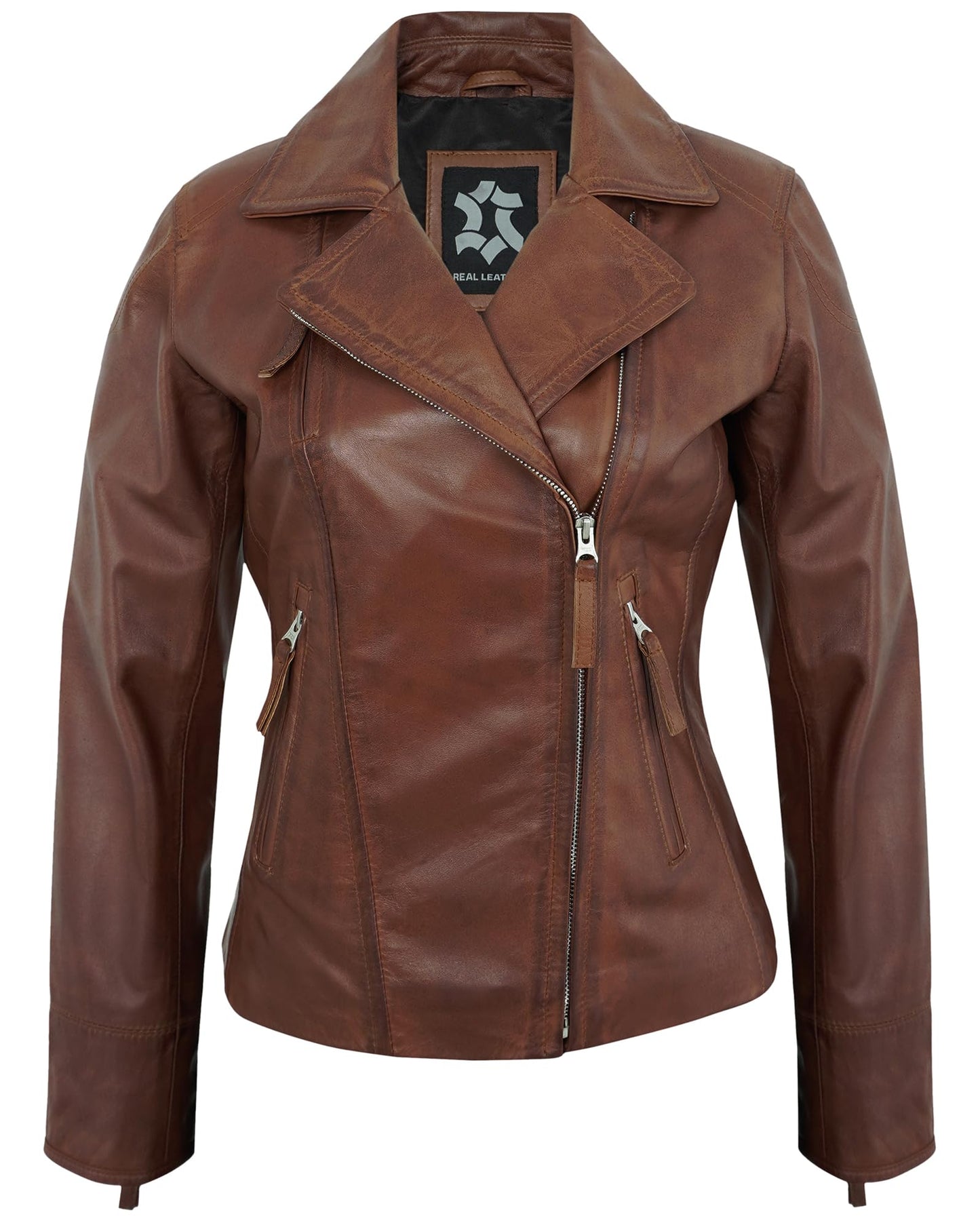UrbanFocal Real Lambskin Brown Leather Jacket Women - Asymmetrical Style Womens Leather Jackets | [101006306] Cognac Ramsy, 2XL