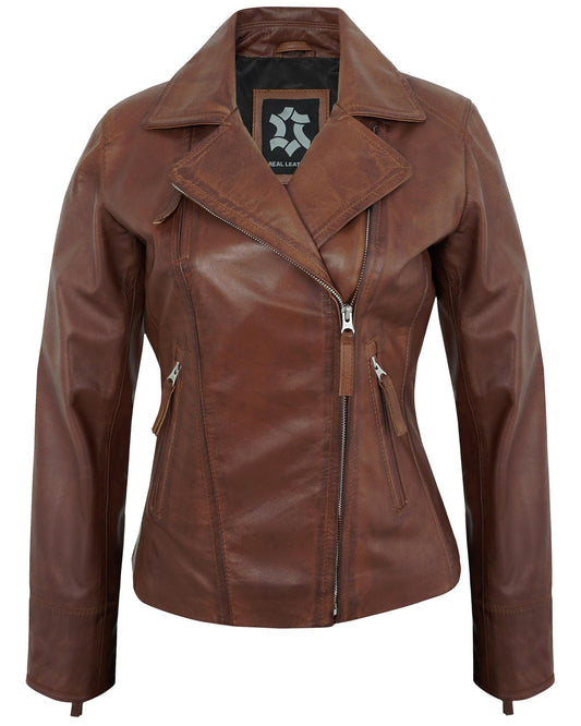UrbanFocal Real Lambskin Brown Leather Jacket Women - Asymmetrical Style Womens Leather Jackets | [101006306] Cognac Ramsy, 2XL