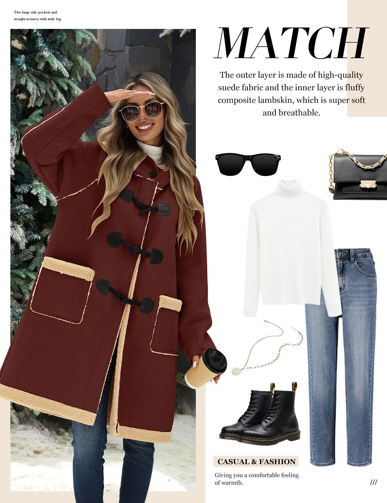 UMIPUBO Women Suede Sherpa Fleece Lined Duffle Faux Leather Coat Mid Length Hooded Toggle Jacket with Pockets, Winter Trendy Warm Outerwear(Wine Red,S)