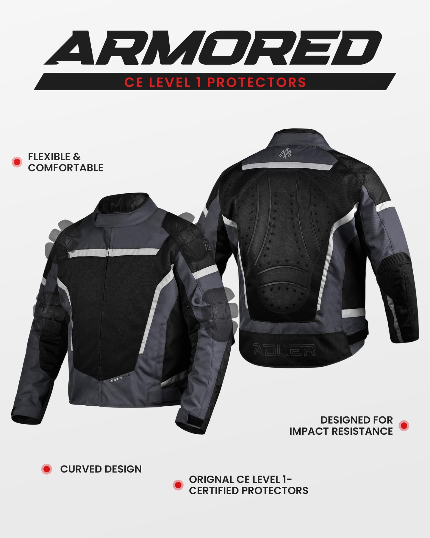 ADLER PRODUCTS Motorcycle Jacket for Men, AUSTIN AIR 1.0 Mesh Motorcycle Armor Jacket, CE Certified With Detachable Rain Liner (US, Alpha, X-Large, Regular, Regular, Gray)