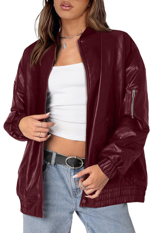 XIEERDUO Leather Jacket Women Faux Oversized Motorcycle Bomber Coats 2025 Fall Fashion Outfits Winter Clothes Red S