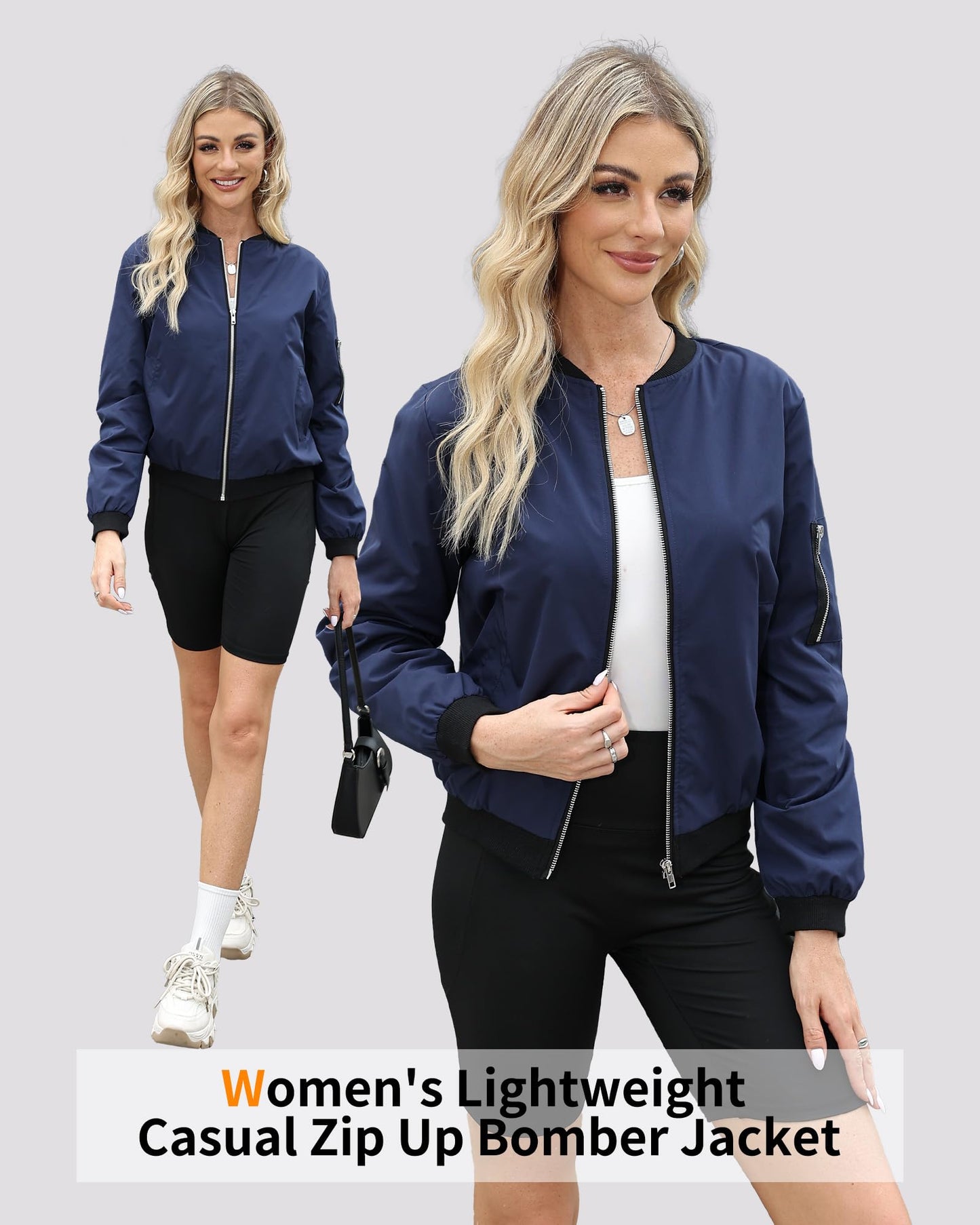 Argstar Women's Bomber Jacket Lightweight Casual Zip Up Outerwear Windbreaker with Pockets Navy Blue L