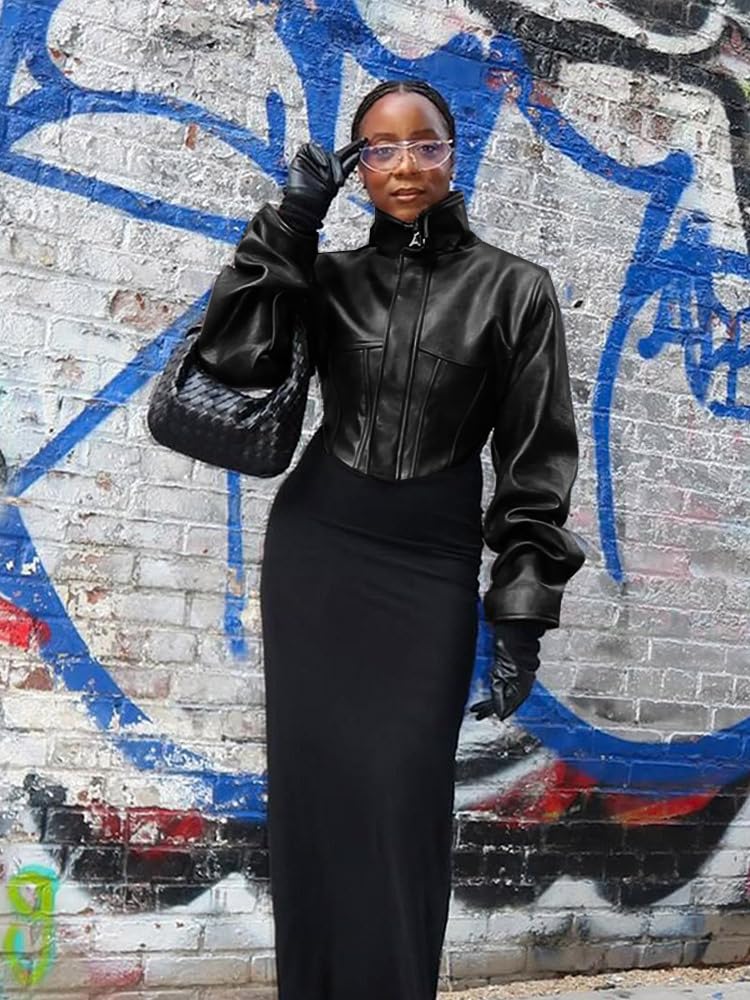 YOUFE Women Faux Leather Jacket Retro Zip Up Motorcycle Long Sleeve Crop Bomber Jacket Y2K Irregular Leather Coat Streetwear