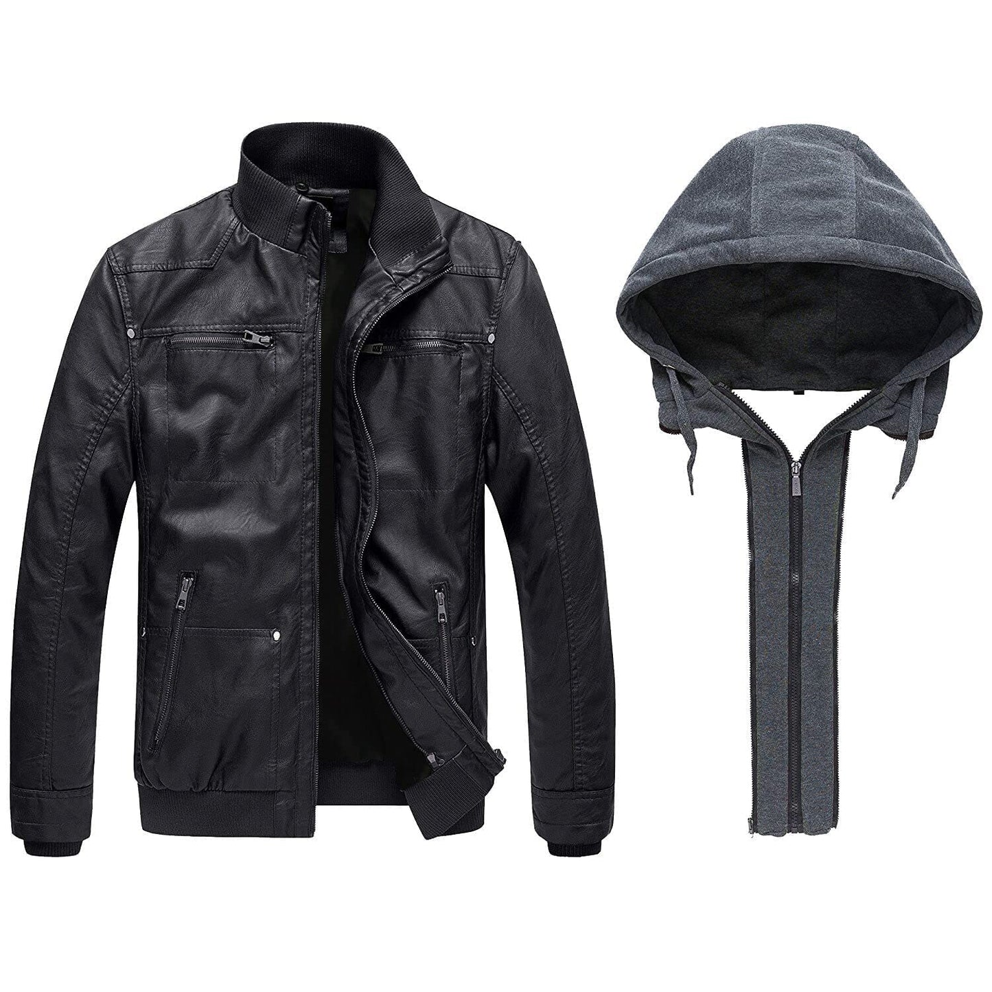 wantdo Men's Spring Faux Leather Jacket with Hood Outdoor Jacket Black Large (Lightweight)